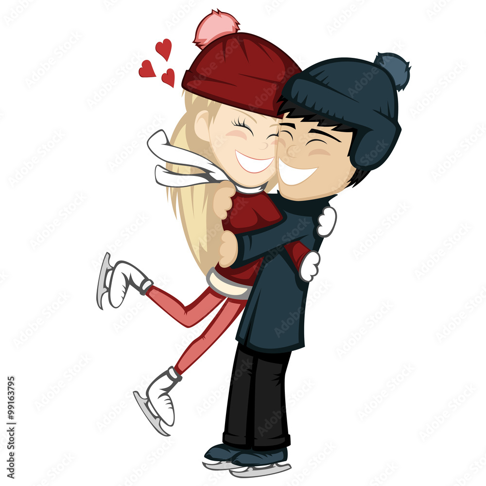 Winter hugs - A lovely ice skater couple is embracing and smiling (a blonde  girl and a black haired boy). Stock Vector | Adobe Stock