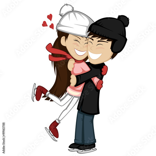 Winter hugs - A lovely ice skater couple is embracing and smiling (a brunette girl and boy).
