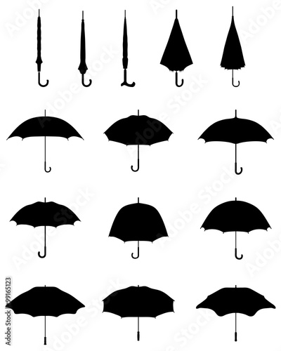 Black silhouettes of open and closed umbrellas, vector