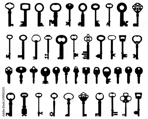 Fototapet Set of black silhouettes of door keys, vector