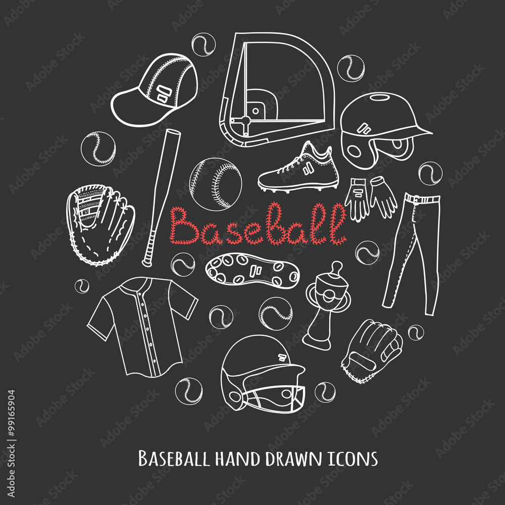 Vecteur Stock Baseball set background, hand drawn vector illustration ...