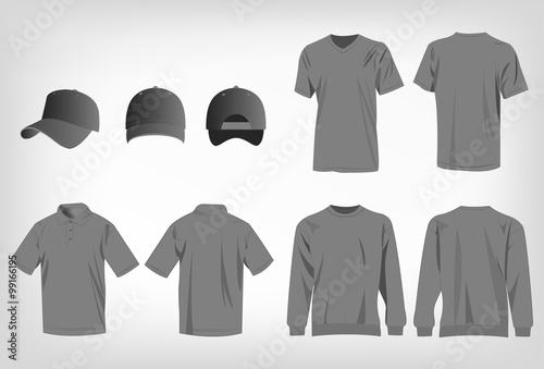 Sport grey t-shirt, sweater, polo shirt and baseball cap isolated set vector