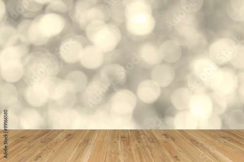 wooden plank floor on blurred sparkling bokeh wall with vintage