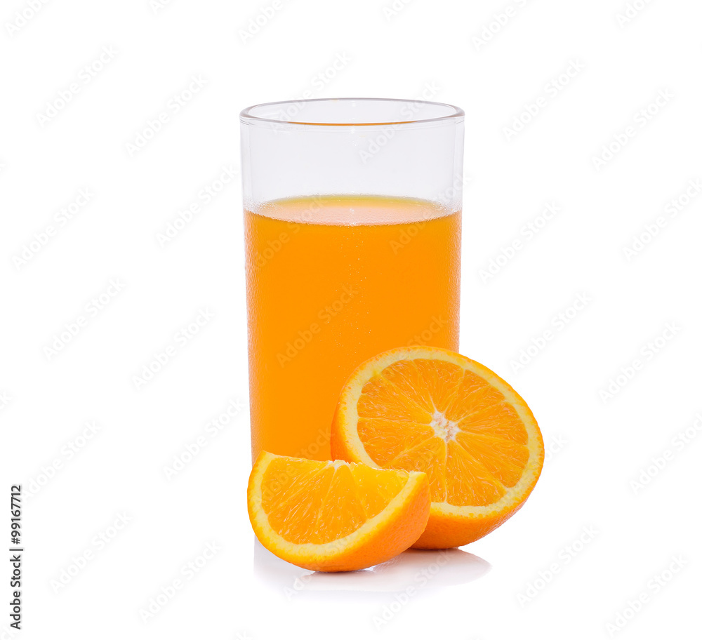 Orange juice and slices of orange isolated on white Orange juice and slices of orange isolated on white