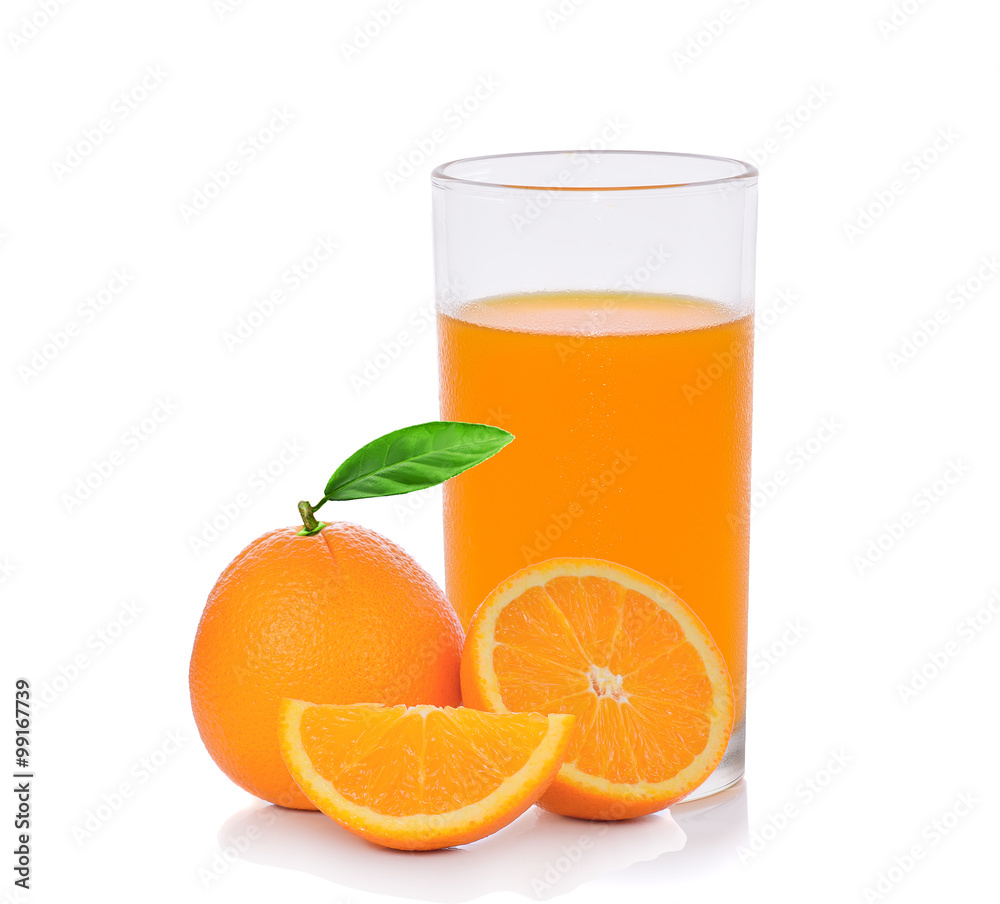 Orange juice and slices of orange isolated on white Orange juice and slices of orange isolated on white