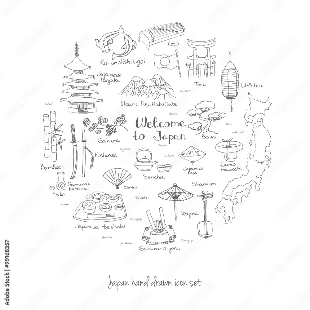 Hand drawn doodle Welcome to Japan set. Vector illustration. Sketchy Japanese related icons, Japan elements, map, pagoda, umbrella, sumo, sake, samurai, Fuji, food, sakura