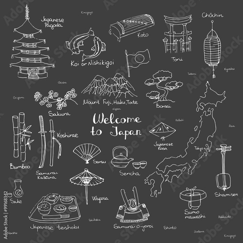 Hand drawn doodle Welcome to Japan set. Vector illustration. Sketchy Japanese related icons, Japan elements, map, pagoda, umbrella, sumo, sake, samurai, Fuji, food, sakura