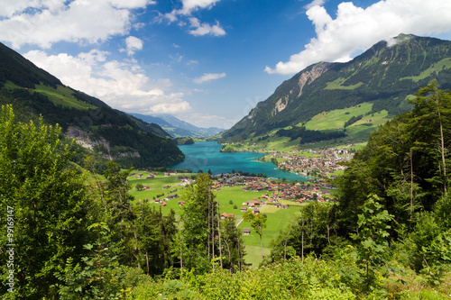 Beautiful scenic view on the town of Lungern and the Lungerersee in Switzerland