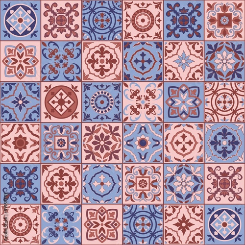 Gorgeous seamless  pattern  white Rose Quartz and Serenity colors Moroccan, Portuguese  tiles, Azulejo, ornaments. Can be used for wallpaper, pattern fills, web page background,surface textures. 