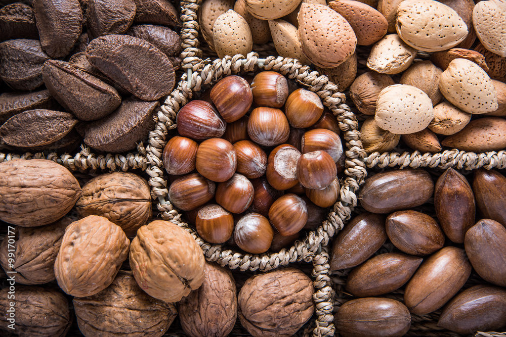 Mixed whole nuts in basket