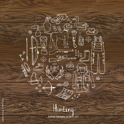 Hand drawn doodle hunting set wood texture, Vector illustration. Sketchy hunt related icons, hunting elements, hunting dog, gun, crossbow, hunting wear cloths, boots, plastic sitting duck, binoculars