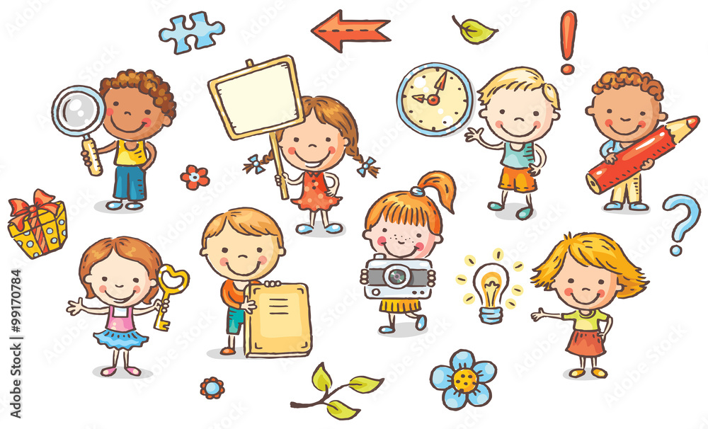 Set of cartoon kids holding different objects