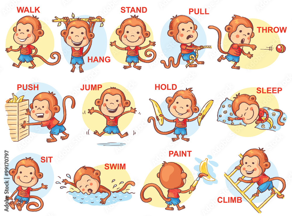 Verbs of action in pictures, cute monkey character, colorful cartoon Verbs of action in pictures, cute monkey character, colorful cartoon