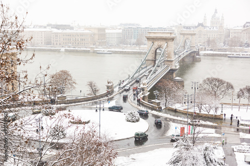 Photography Chain bridge in Budapest on a snowy day