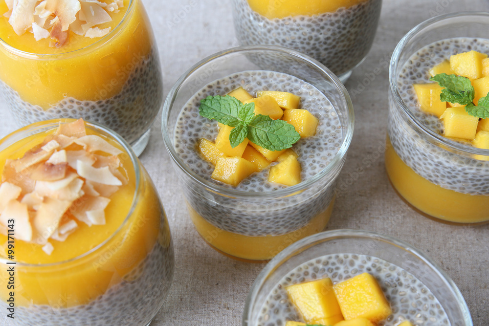 Homemade Chia seed pudding with mango, selective focus, toning Homemade Chia seed pudding with mango, selective focus, toning
