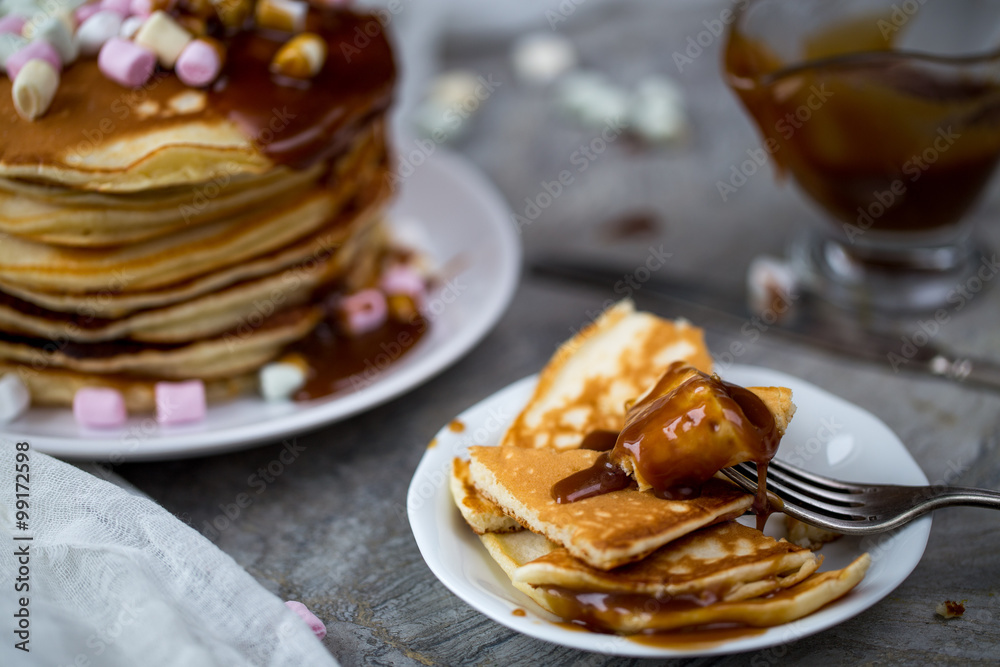 Pancake with caramel, marshmallow and honey Pancake with caramel, marshmallow and honey