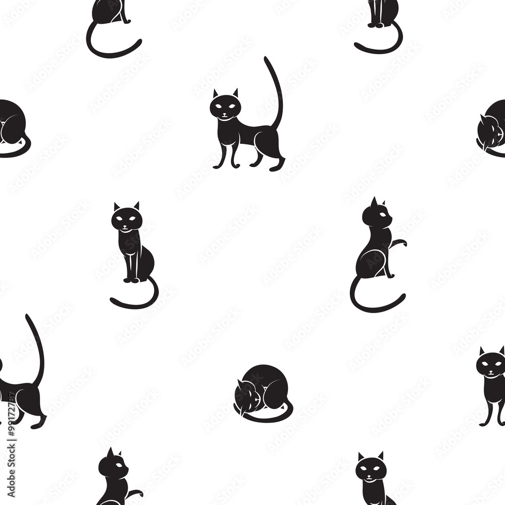 Vector seamless pattern with cartoon black cats on  white background.