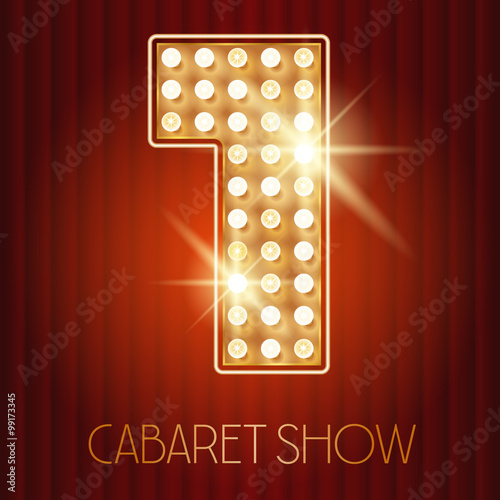 Vector shiny gold lamp alphabet in cabaret show style. Number 1