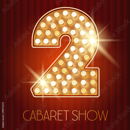 Vector shiny gold lamp alphabet in cabaret show style. Number 2