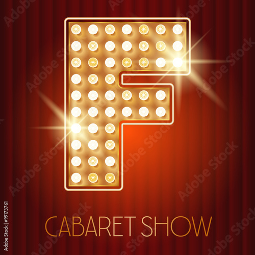 Vector shiny gold lamp alphabet in cabaret show style. Letter F