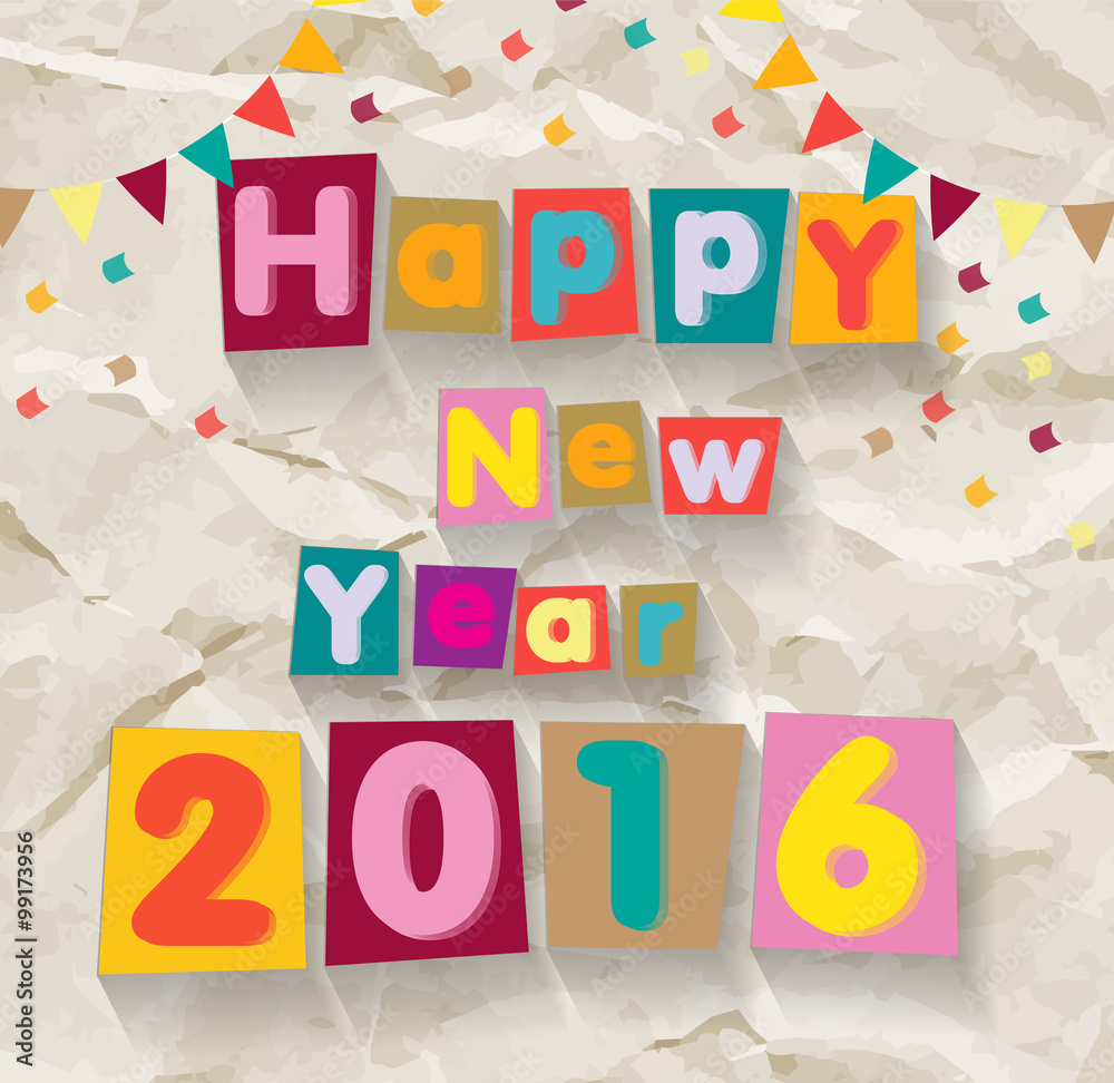 Happy New Year 2016. Colorful font on crumpled paper background Happy New Year 2016. Colorful font on crumpled paper background
