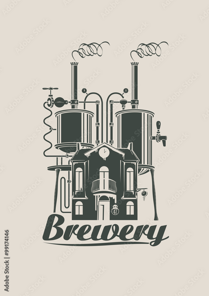 Fototapeta premium sign for the brewery with a picture at home with barrels on the roof