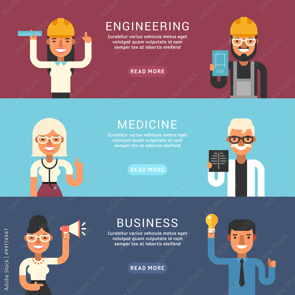 Set of Flat Style Vector Conceptual Illustrations for Web Banners. People Occupation. Engineering, Medicine, Business Set of Flat Style Vector Conceptual Illustrations for Web Banners. People Occupation. Engineering, Medicine, Business