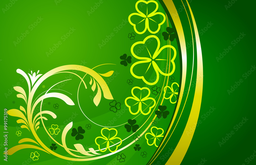 Patricks Day background.
Background with floral ornaments and golden wavy lines