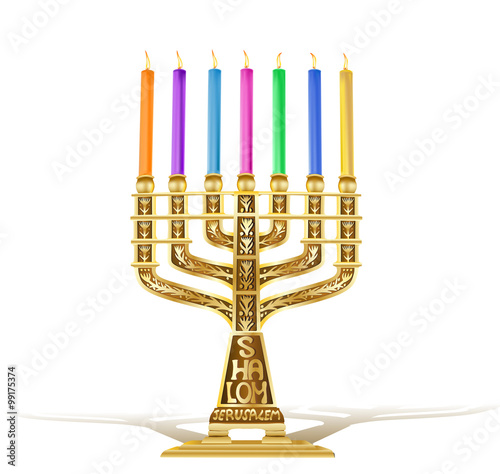 illustration of golden menorah with seven candles