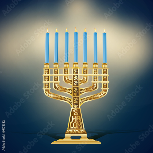 illustration of golden menorah with seven blue candles lighting