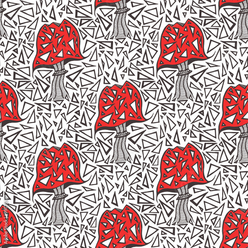Seamless pattern with zentangle amanita mushrooms. Vector triangle background texture