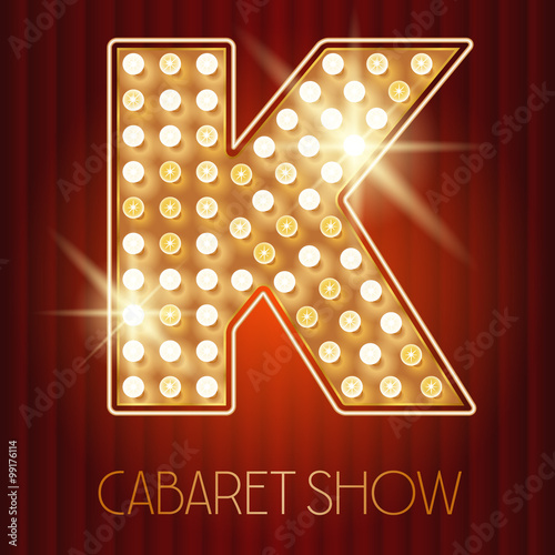 Vector shiny gold lamp alphabet in cabaret show style. Letter K