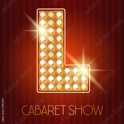 Vector shiny gold lamp alphabet in cabaret show style. Letter L