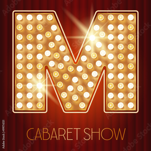 Vector shiny gold lamp alphabet in cabaret show style. Letter M
