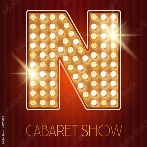 Vector shiny gold lamp alphabet in cabaret show style. Letter N