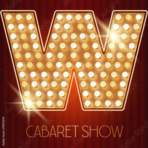 Vector shiny gold lamp alphabet in cabaret show style. Letter W