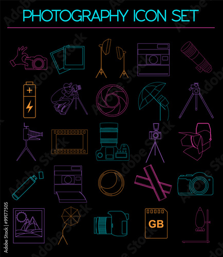 Photography icon set with photo, camera equipment. Outline versi