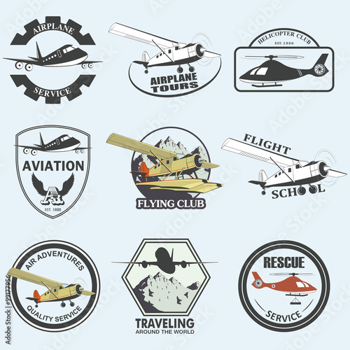 Set of vintage retro aeronautics flight badges