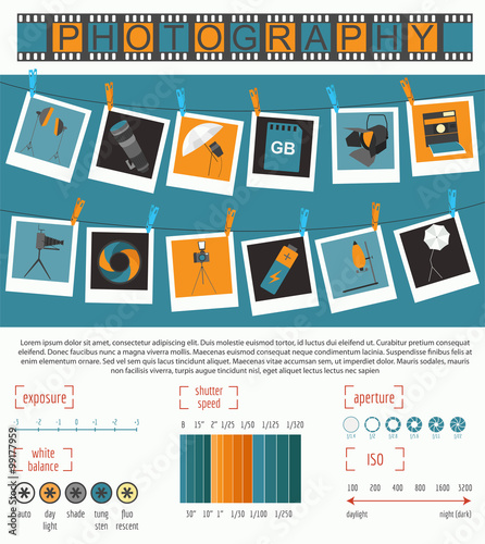 Photography infographics set with photo, camera equipment