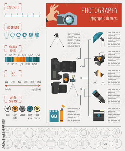 Photography infographics set with photo, camera equipment