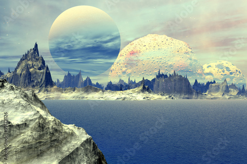 Alien Planet. Lake  rocks and moon