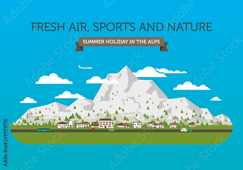 Vector mountain village skyline