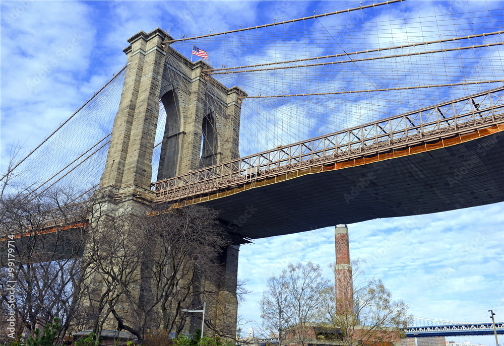 Fototapeta premium Most Brooklyński z amerykańską flagą i błękitne niebo, Nowy Jork, USA