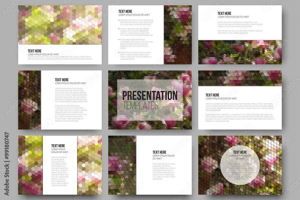 Set of 9 templates for presentation slides. Purple flowers. Abstract multicolored backgrounds. Natural geometrical patterns. Triangular and hexagonal style