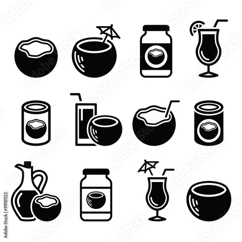 Coconut milk, oil, cocktail - vector icons set 