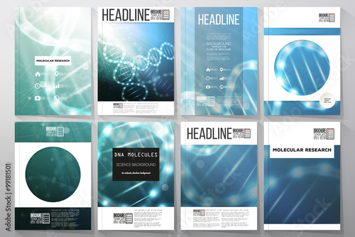 Set of business templates for brochure, flyer or booklet. DNA molecule structure on a blue background