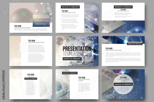 Set of 9 vector templates for presentation slides. DNA molecule structure on blue background