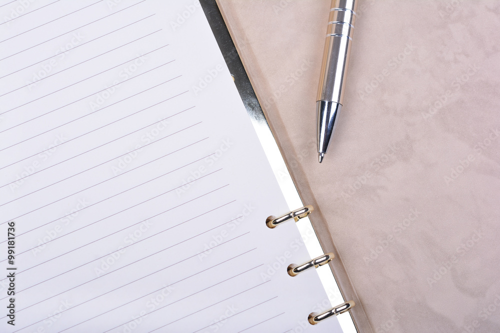 Opened leather diary and ball pen Opened leather diary and ball pen