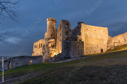 Ruins of medieval castle in Ogrodzieniec, Poland, illuminated in the night