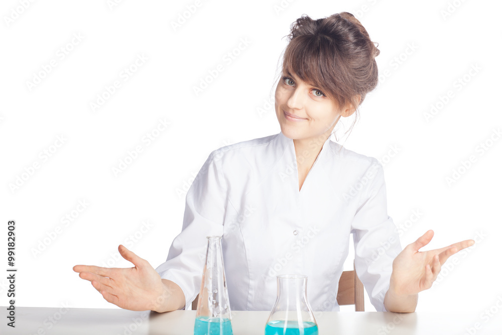 smiling woman chemist in white coat throws up hands over the bulbs smiling woman chemist in white coat throws up hands over the bulbs